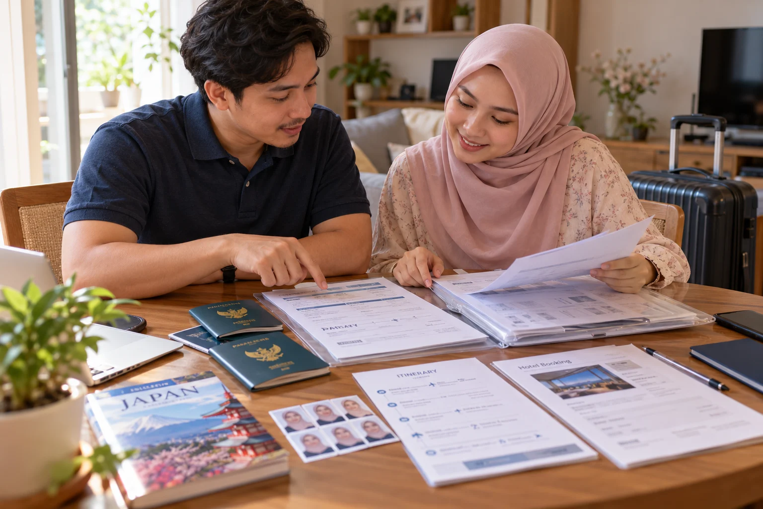 Pasangan menyiapkan dokumen visa turis Jepang: paspor, foto, itinerary, dan booking hotel
